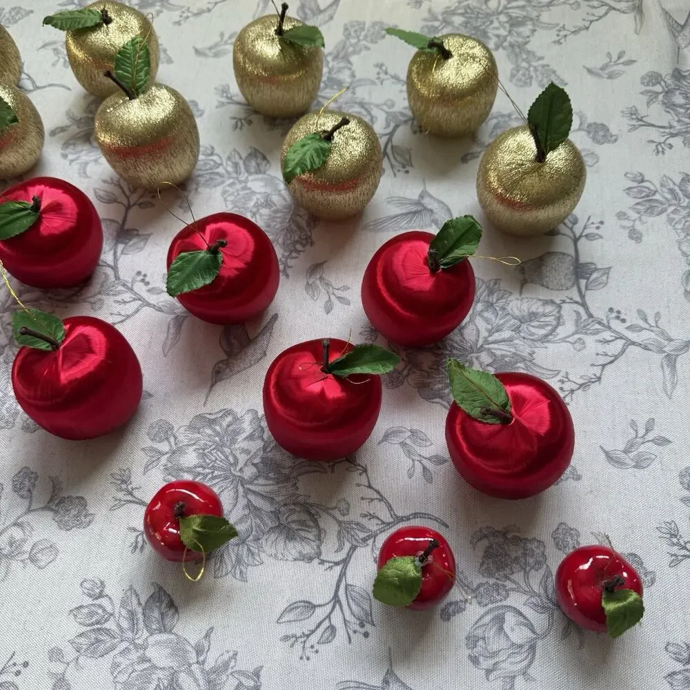 Vtg Christmas Ornaments Satin Wrapped Thread Apples Shiny Red Gold Lot 21 MCM